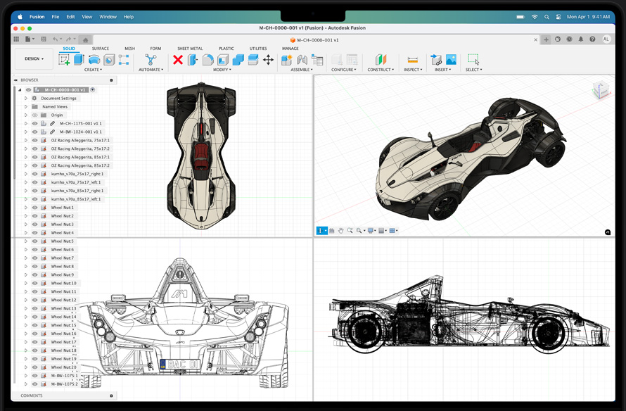 Modell eines Rennautos in der Autodesk Fusion App
