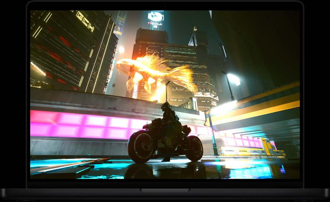 Pantalla de un MacBook Pro con el videojuego Cyberpunk 2077: Ultimate