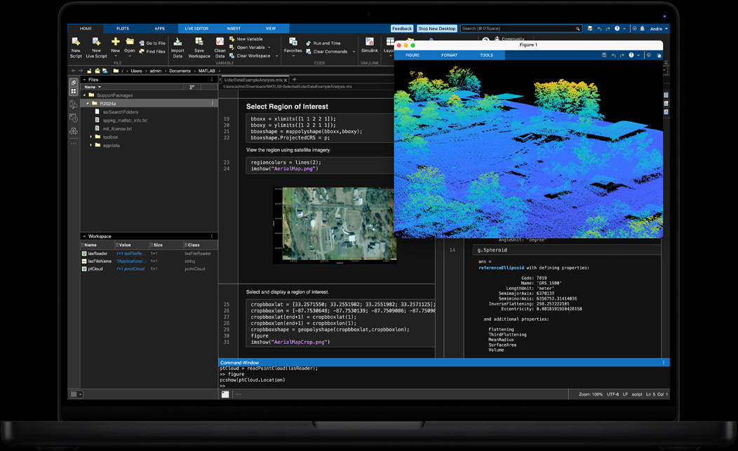 Pantalla de un MacBook Pro con MATLAB para procesar y visualizar datos geoespaciales