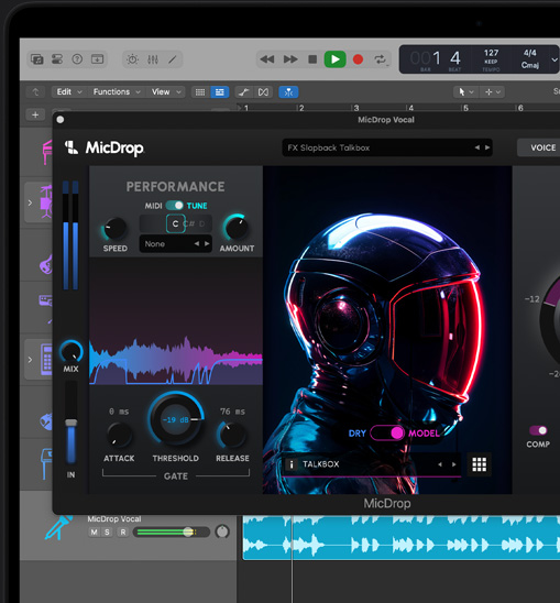 Pantalla de un MacBook Pro que muestra el plug-in MicDrop, que utiliza funciones de IA para editar una grabación vocal en Logic Pro