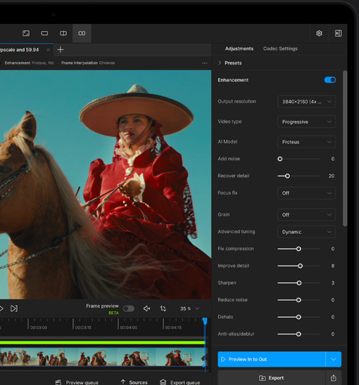 Pantalla de un MacBook Pro que muestra la mejora de un vídeo con IA en Topaz Video