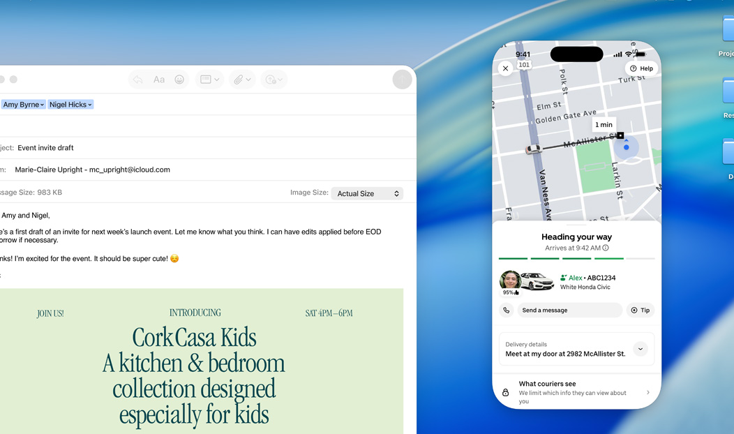 MacBook Pro, app Mail ouverte, écran d’un iPhone recopié sur celui du MacBook Pro indiquant l’arrivée d’un livreur Uber Eats