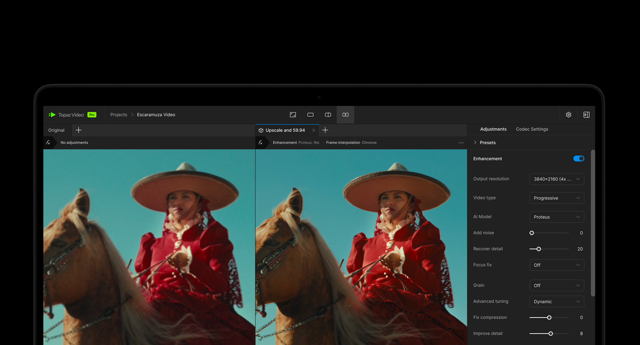 Pantalla de un MacBook Pro que muestra la mejora de un vídeo con IA en Topaz Video