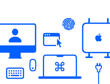 Logo de Configuración Personalizada con varios iconos del Mac, como un ratón y un teclado