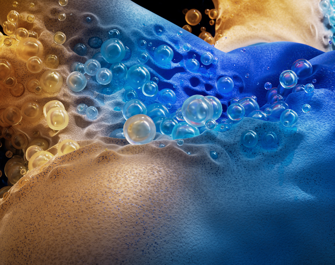 Animación en 3D de formas azules con textura que se mueven para mostrar el rendimiento gráfico del MacBook Pro