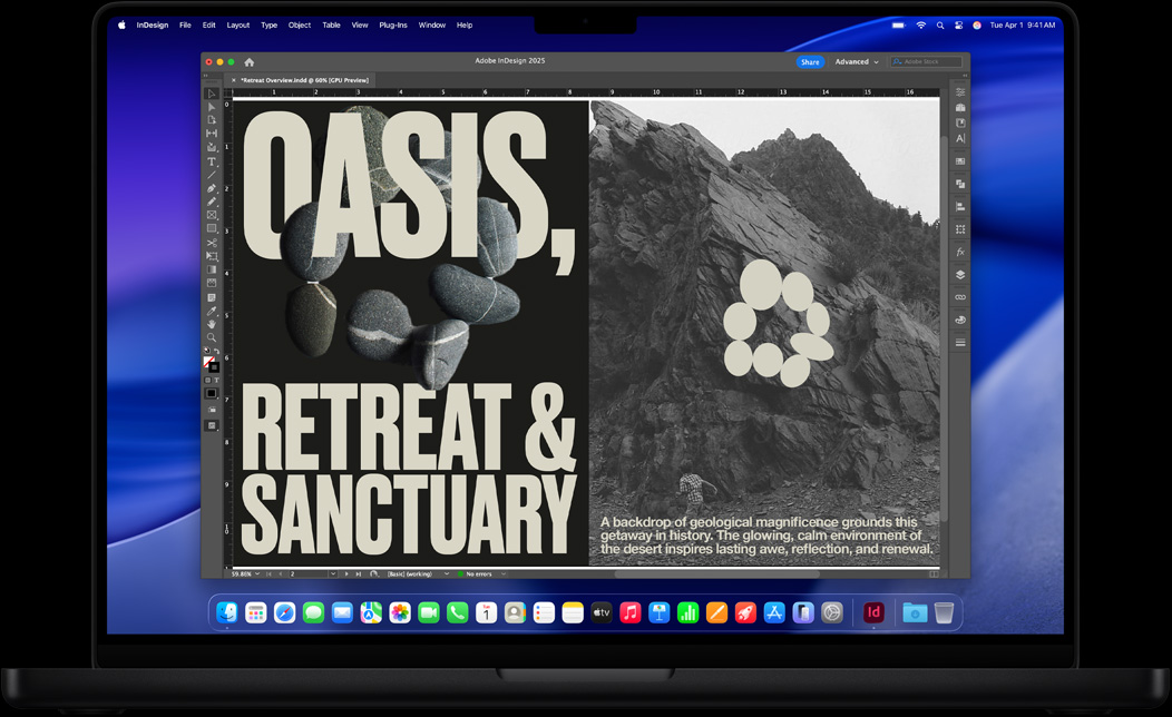 MacBook Pro 的螢幕展示正在使用 Adobe InDesign 製作靜修營的海報