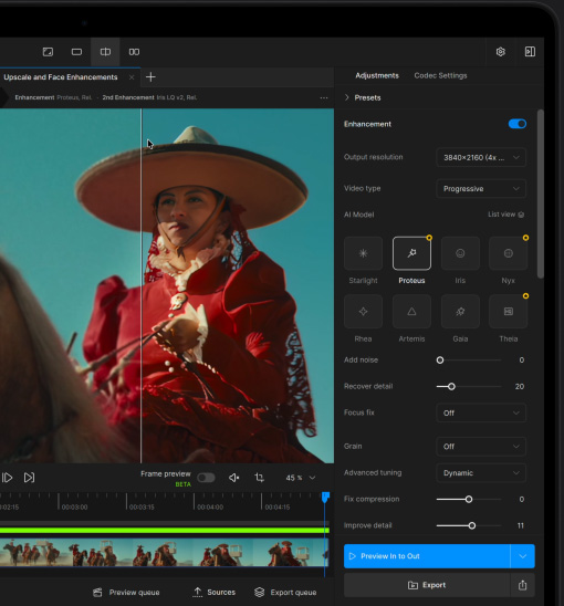 Obrazovka MacBooku Pro zobrazujúca vylepšovanie videa pomocou AI v softvéri Topaz Video