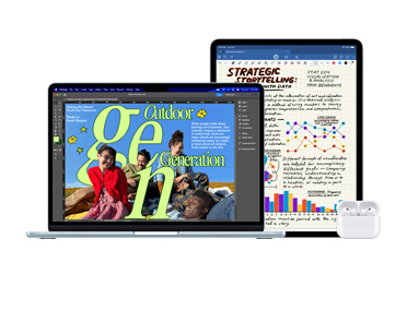 MacBook Pro、AirPods 和 iPad 並排放置