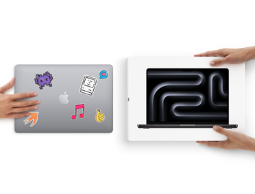 一隻手將一部外殼貼有貼紙的 MacBook 推向由兩隻手捧著裝在包裝盒內的全新 MacBook