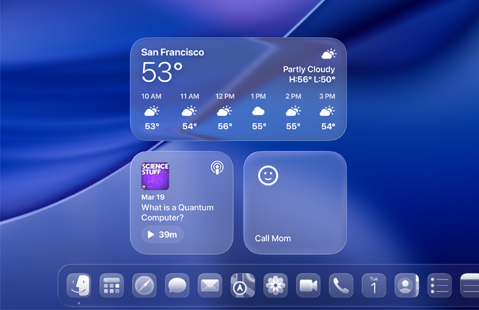 Liquid Glass Weather, Podcasts and Reminders widgets on macOS Tahoe screen