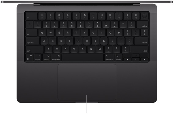 Vue en plongée du MacBook Pro 14 pouces ouvert, montrant le trackpad Force Touch au bas du clavier