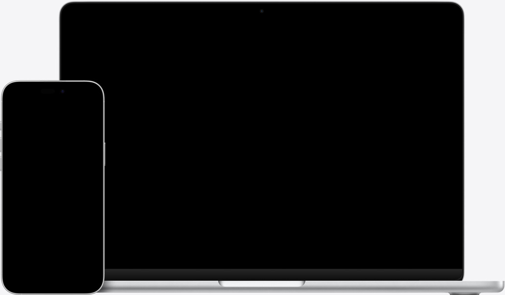 iPhone 16 Plus con texto resaltado en la app Notas, MacBook Air de 13 pulgadas con una diapositiva de Keynote abierta, texto de la app Notas visible en la diapositiva