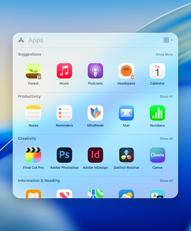 Spotlight browsing menu showing apps in categories: Suggestions, Productivity, Creativity, Information and Reading