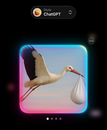 Genmoji screen with image of a photorealistic storks carrying a bundle in its beak, showing options for custom image styles from ChatGPT