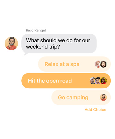 Close up of new polls feature in Messages with people in the group chat voting for where to take a weekend trip