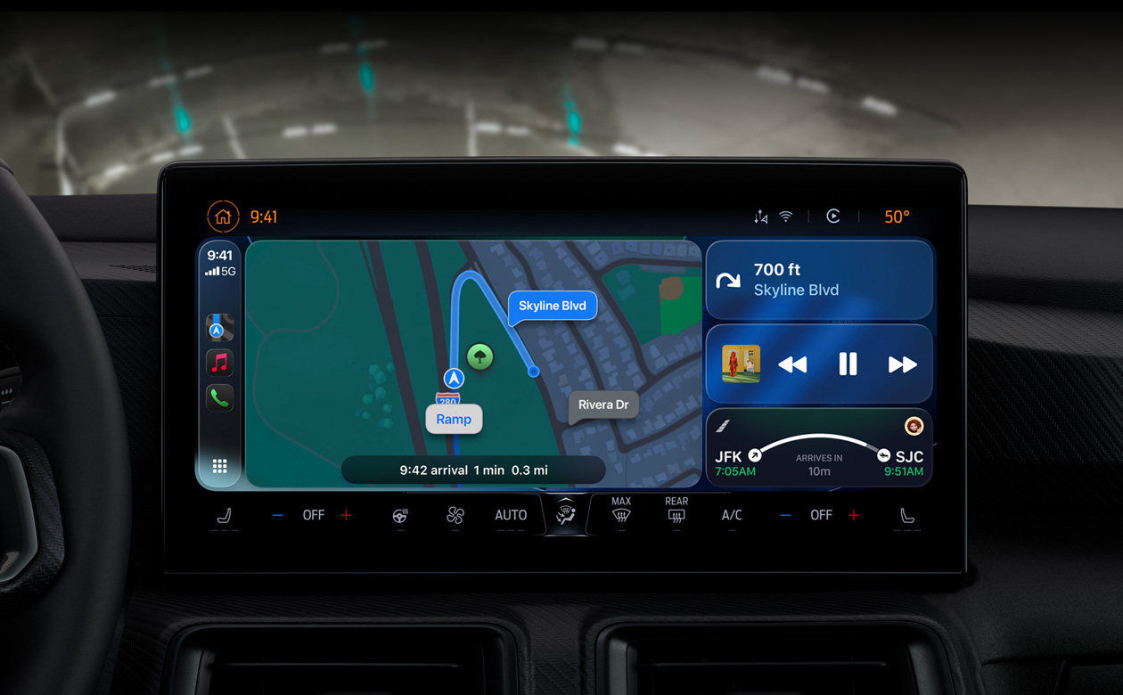 CarPlay in a car displaying directions on Maps, Apple Music, flight information and widgets