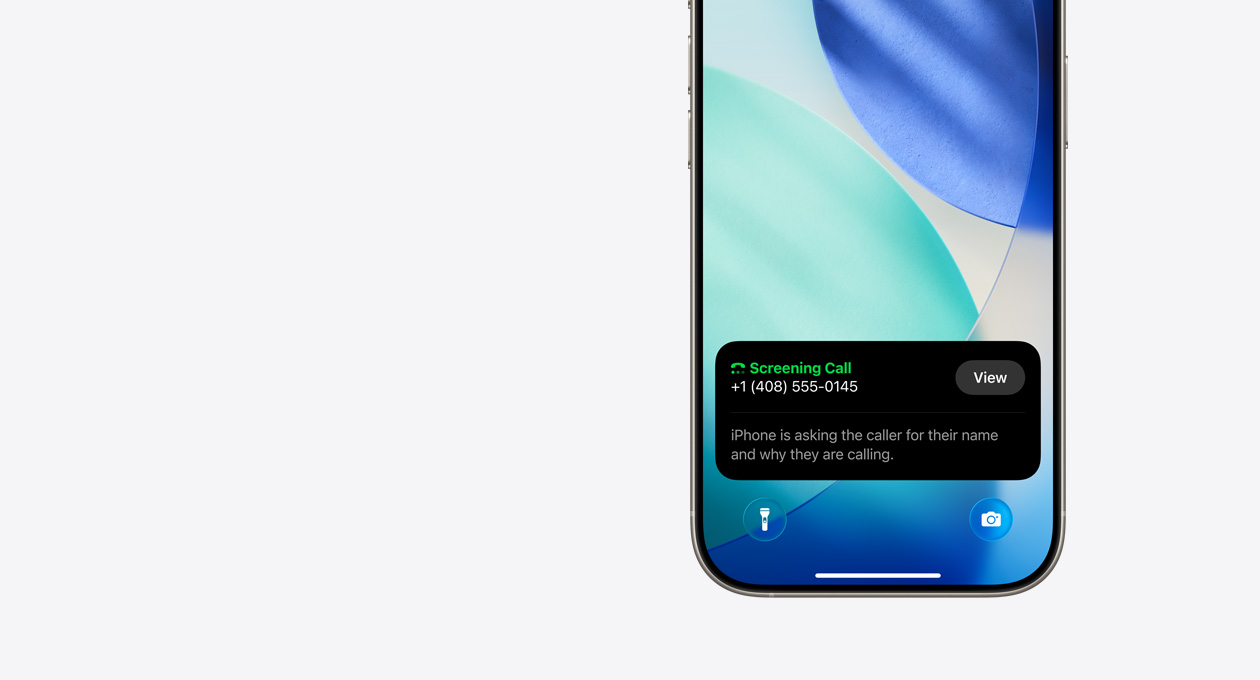 iPhone, bottom section of Lock Screen, showing a Screening Call notification, with text reading “iPhone is asking the caller for their name and why they are calling”