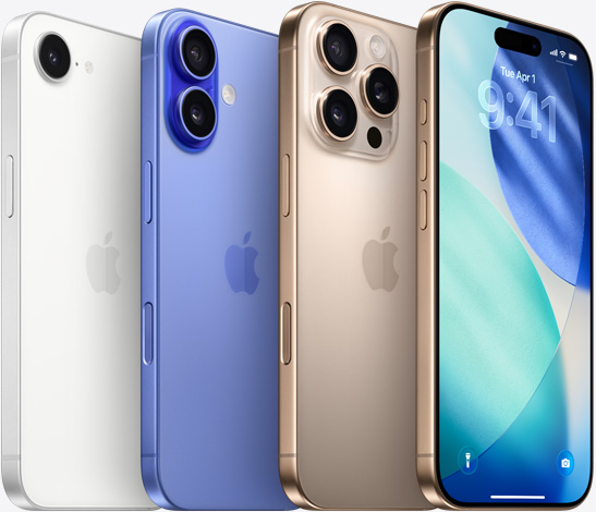 The camera side of iPhone 16e in White, iPhone 16 in Ultramarine and iPhone 16 Pro in Desert Titanium in layered pattern, and Lock Screen of an iPhone 16 Pro in Desert Titanium