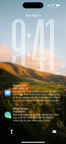 iPhone, five models, each model slightly overlapping the one next to it, far left screen shows a conversation with a background in Messages, second to left screen shows Home Screen with colourful app icons, centre model shows Lock Screen with photo, numerals for time in Liquid Glass, two notifications appear on bottom of screen, second to right model shows clear Liquid Glass app icons, far right model shows music player in Liquid Glass