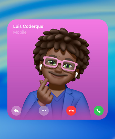 Póster de contacto de FaceTime con un Genmoji en el centro, el nombre de la persona en la parte superior izquierda e iconos de responder mensaje, más opciones, colgar y contestar en la parte inferior