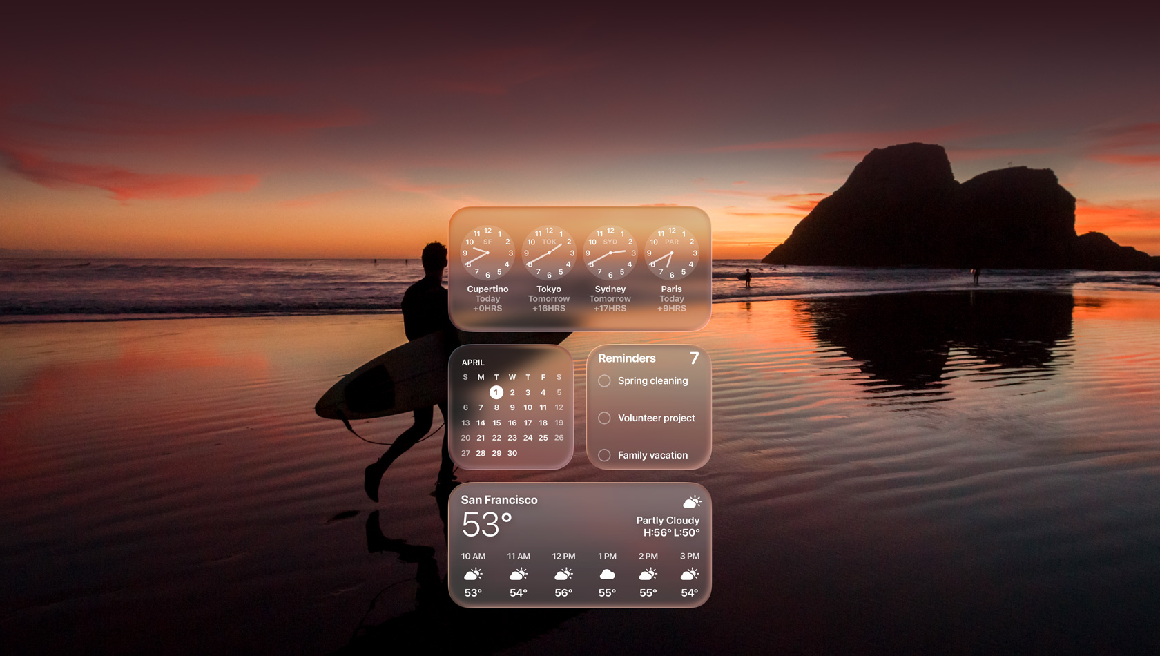 Widgets Horloge, Calendrier, Rappels et Météo en Liquid Glass devant l’image d’un surfeur marchant sur la plage au crépuscule