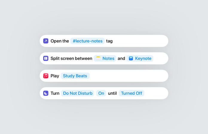 App Atajos en Apple Intelligence que muestra el uso de acciones inteligentes
