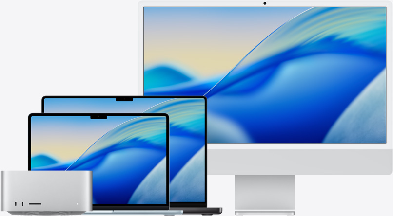 El fondo de pantalla de macOS Tahoe en varios modelos de Mac, de izquierda a derecha: Mac Studio, MacBook Air de 13 pulgadas en azul cielo, MacBook Pro de 14 pulgadas en negro espacial y iMac de 24 pulgadas en plata