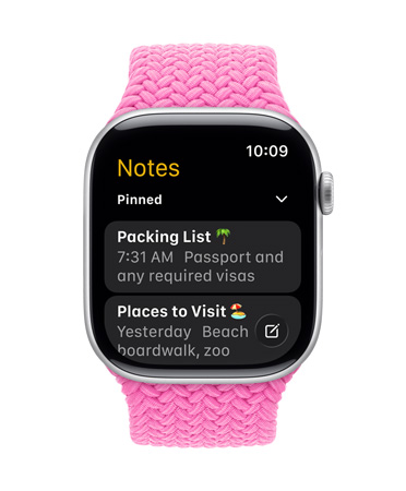 Apple Watch in Silver with a braided band in Peony, face shows the Notes app, with two Pinned notes