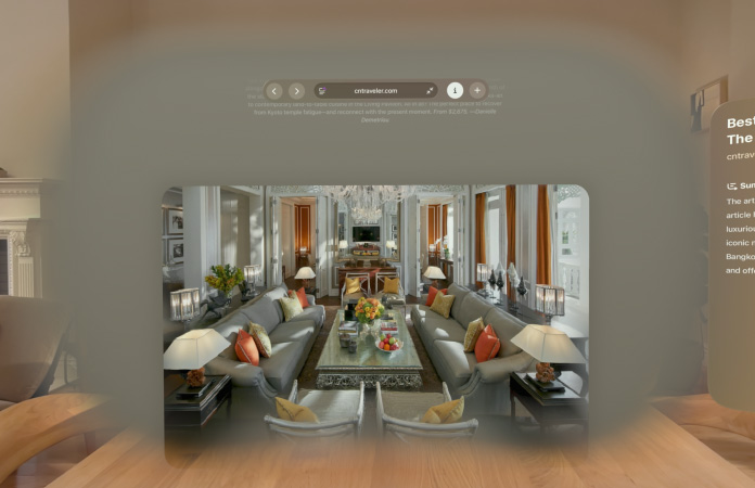 Safari web page featuring an inline spatial scene of a living room with long, deep hallways in the background