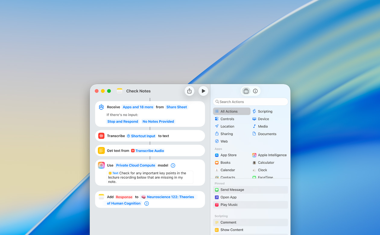 Vue rapprochée de la création d’un raccourci avec l’action Utiliser le modèle dans l’app Notes