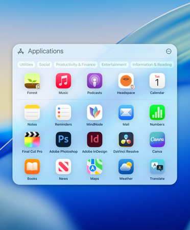 Menu de navigation Spotlight affichant des apps classées dans les catégories Suggestions, Productivité, Créativité, et Information et lecture