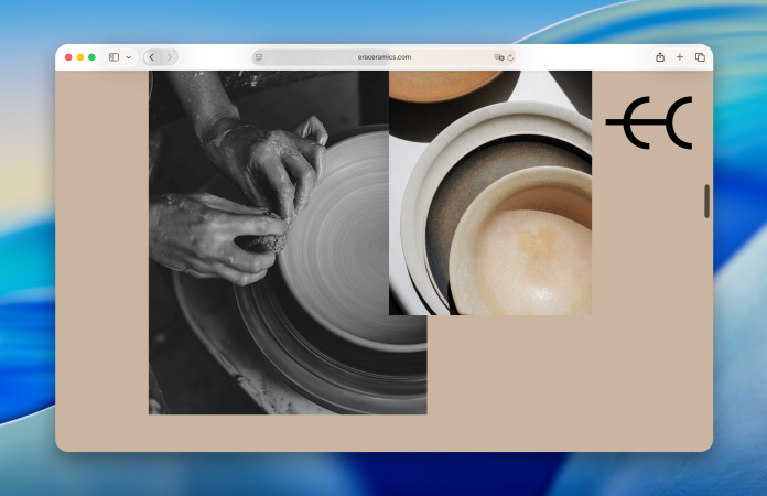 A webpage about ceramic pottery in the redesigned Safari, with the updated toolbar subtly reflecting colours from the page