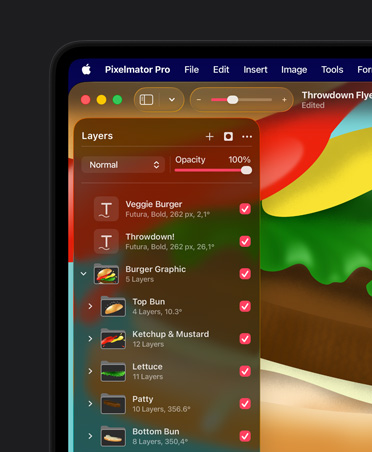 Écran de MacBook Pro 16 pouces, illustration colorée d’un hamburger, outils d’organisation de Pixelmator Pro