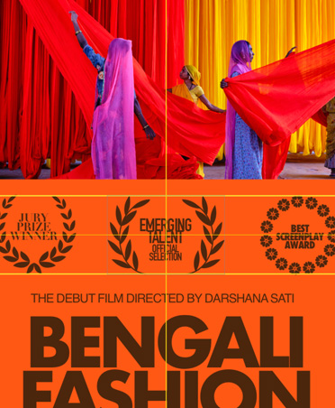Affiche orange et noir du documentaire Bengali Fashion avec des repères intelligents horizontaux et verticaux au centre de l’image