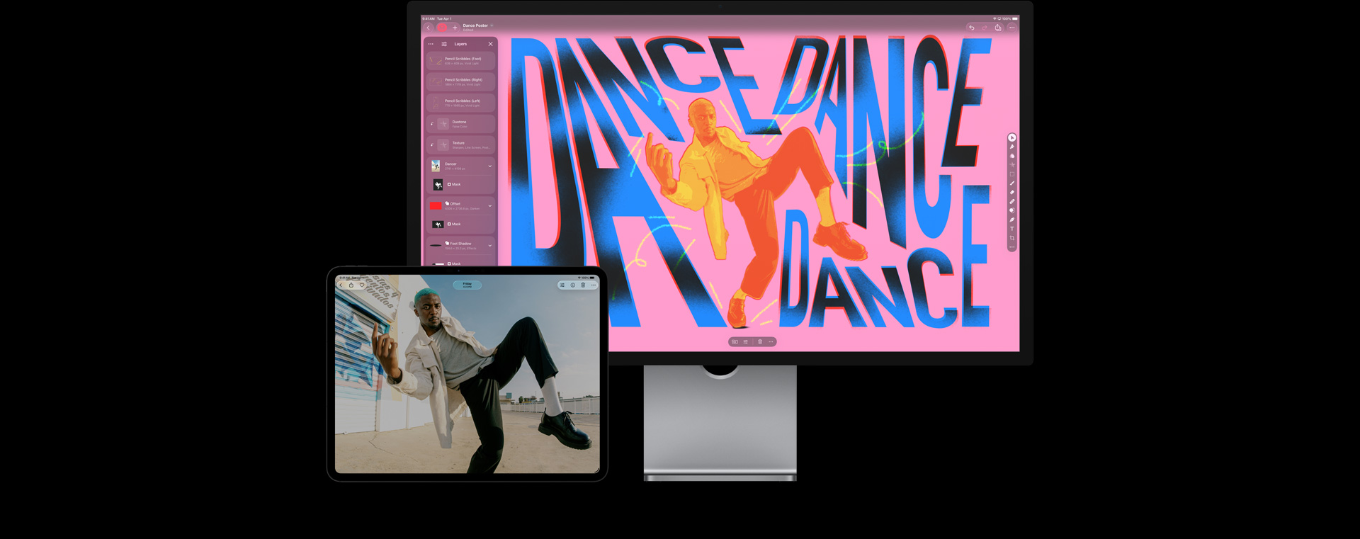 Écran d’iPad Pro montrant un homme aux cheveux bleus, portant un manteau blanc, un chandail gris, un pantalon et des souliers noirs, qui danse à l’extérieur, écran Mac Studio Display montrant un espace de travail avec une typographie stylisée et une image modifiée de l’homme qui danse avec des teintes de bleu, de jaune et de rouge superposées