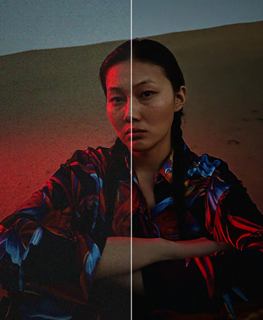 Photo en deux parties d’une femme dans les dunes à la tombée du jour, outil de débruitage