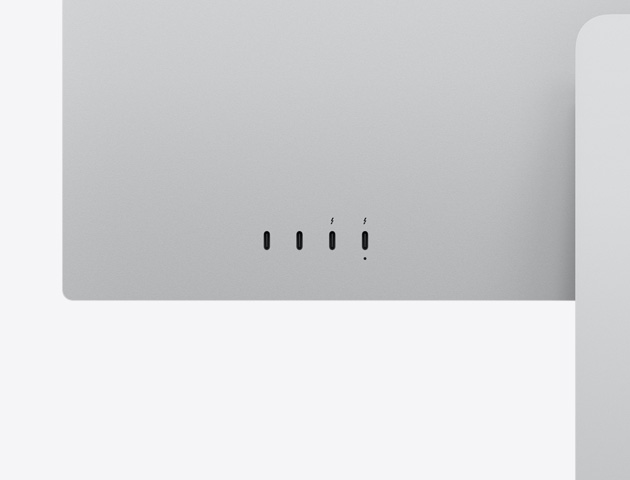 Gros plan de l’arrière du Studio Display XDR montrant deux ports USB-C et deux ports Thunderbolt 5