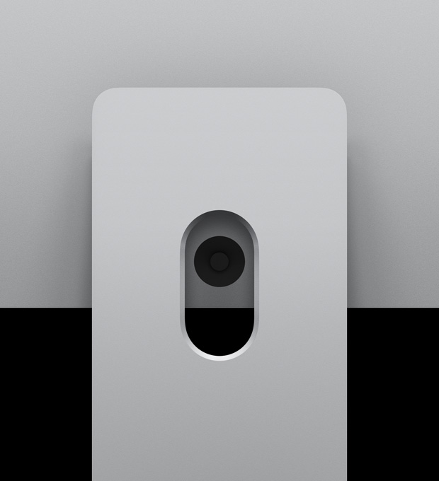 Un Studio Display XDR fixé au support inclinable à hauteur réglable, vu de dos pour montrer le bras d’équilibrage