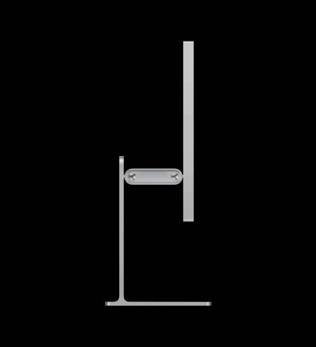 Un Studio Display XDR fixé au support inclinable à hauteur réglable, vu de profil pour montrer le bras d’équilibrage