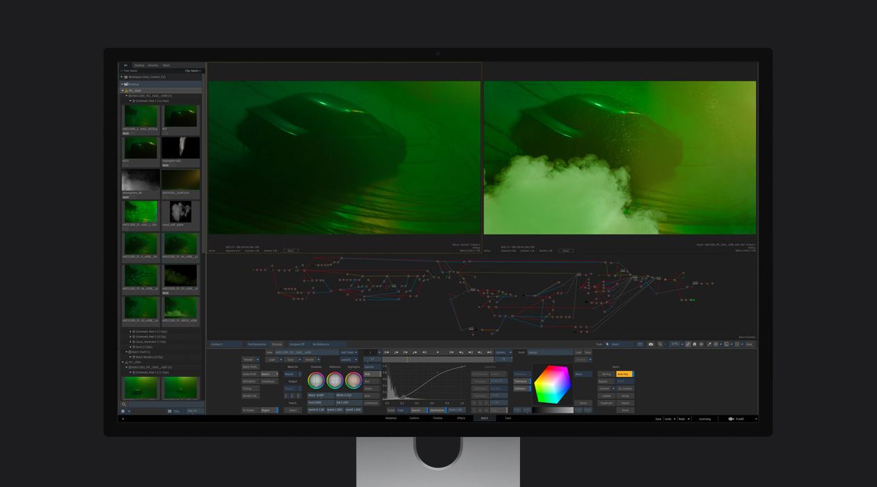 Deux images d’une voiture affichées côte à côte dans un logiciel d’effets visuels, un nuage de fumée d’échappement a été ajouté à l’image de droite