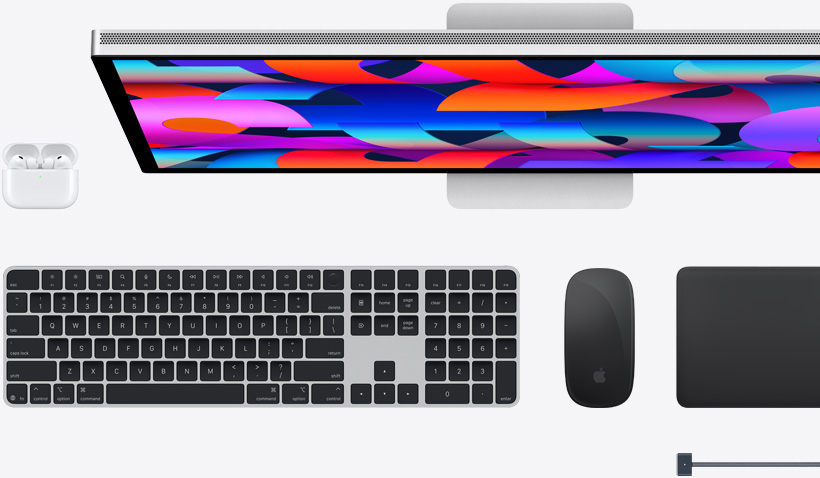 Mac-tillbehör: AirPods, Studio Display, Magic Keyboard, Magic Mouse, Magic Trackpad, MagSafe-laddningskabel