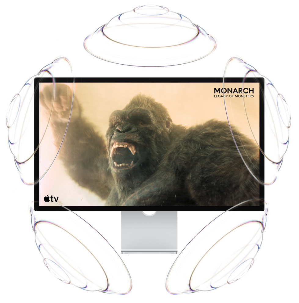 Apple TV promo, title: Monarch: Legacy of Monsters, King Kong holds a fist in the air and roars