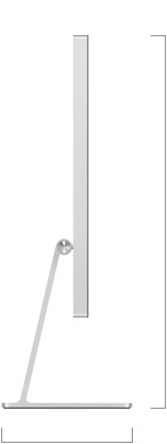 Side view of Studio Display with tilt-adjustable stand, showing height and depth measurments