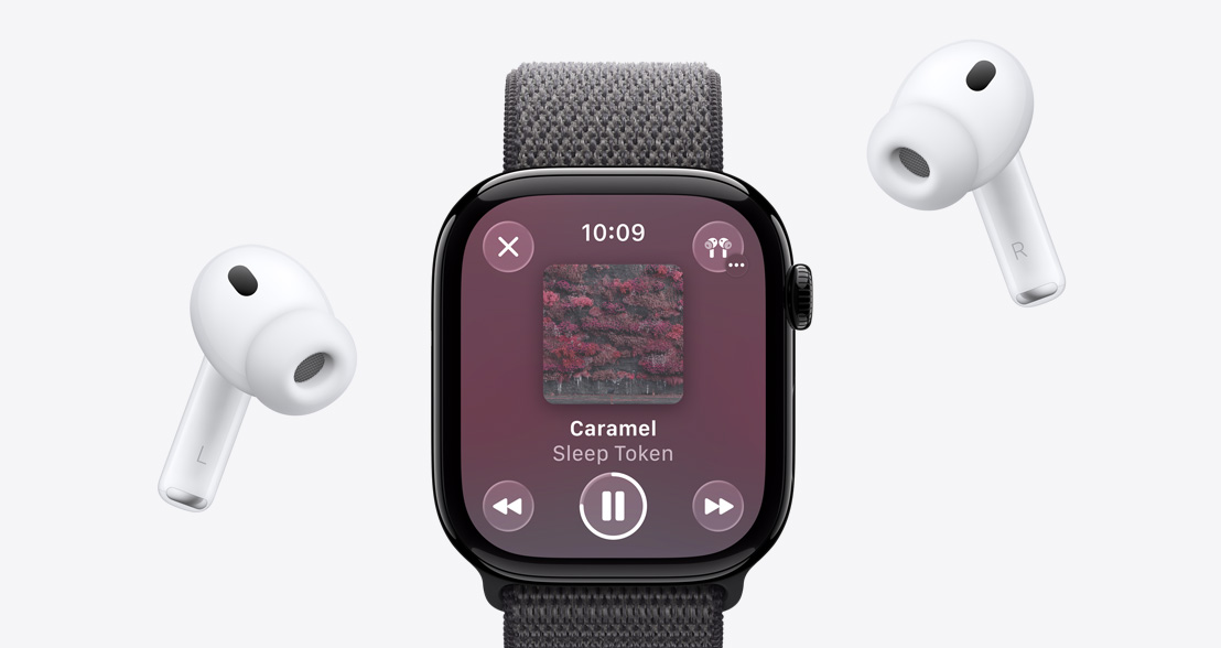 AirPods Pro 3, white, silicone tips, Apple Watch Series 11, aluminum case, polished jet black color, Apple Music playing, Sport Loop, anchor blue color