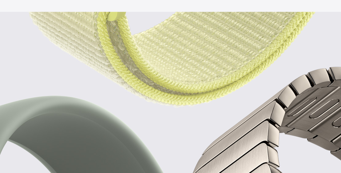 Apple Watch bands: Solo Loop, green gray color, Sport Loop, neon yellow color, Link Bracelet, natural color