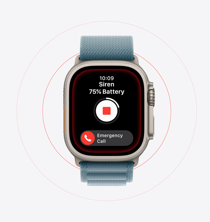 Apple Watch Ultra 3, titanium case, natural color, Siren activated, Emergency call button, Alpine Loop, anchor blue color
