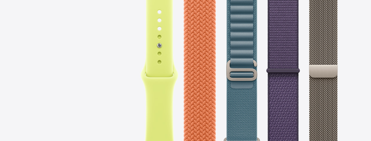 Apple Watch bands: Sport Band, neon yellow color, Braided Solo Loop, turmeric color, Alpine Loop, light blue color, Sport Loop, purple fog color, Milanese Loop, natural color