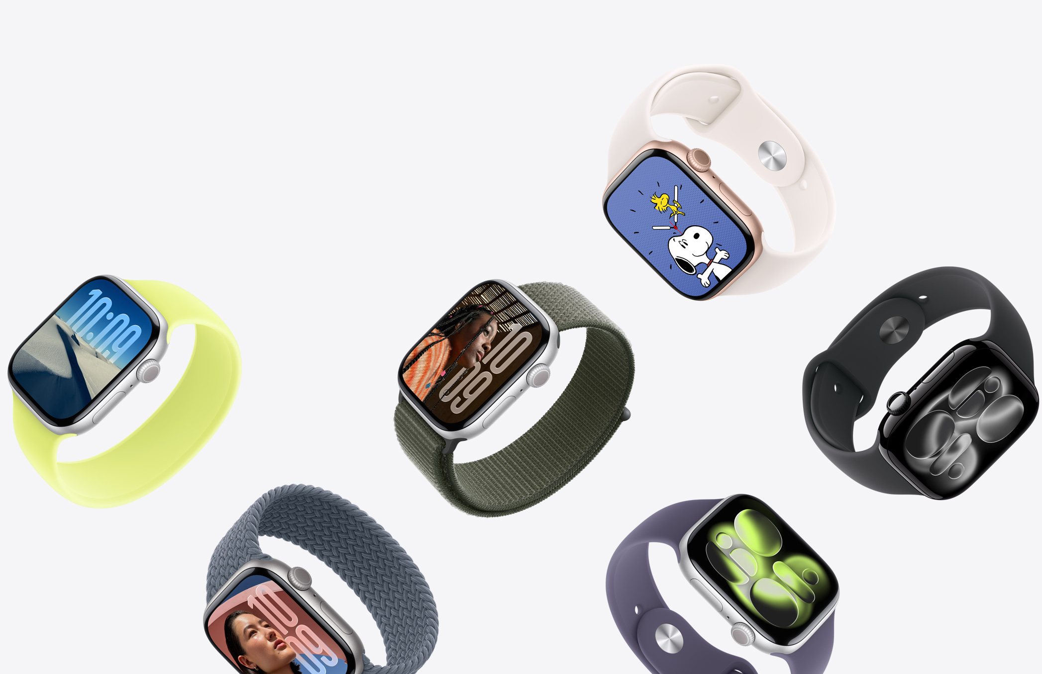 Apple Watch 裝置，展示各式錶殼材質、顏色及錶帶