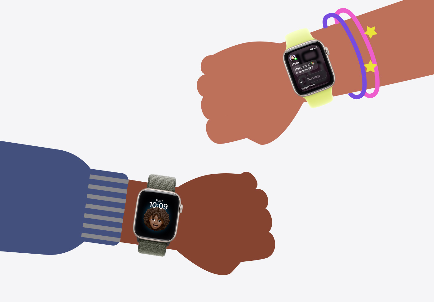 Apple Watch 親子設定，展示小朋友腕上戴著 Apple Watch SE 3 的卡通插圖