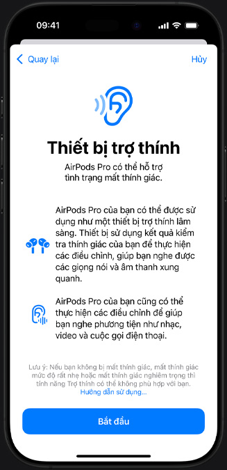 Màn hình giới thiệu về tính năng Trợ Thính